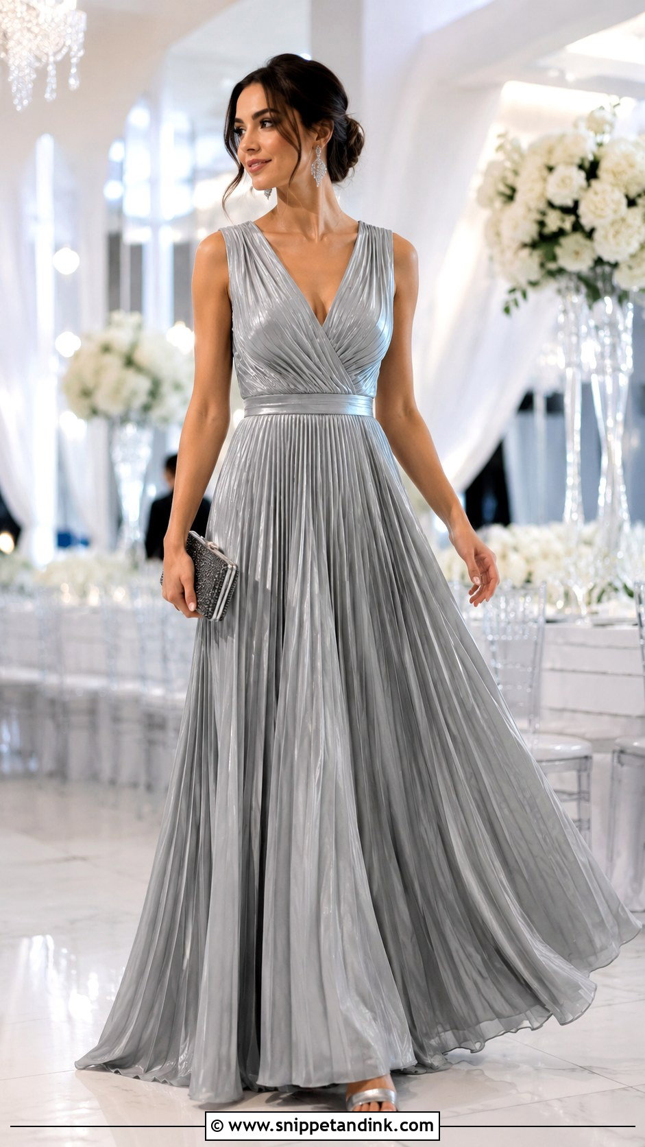 Silver Grey Pleated Maxi Dress Wedding Outfit - Snippet and Ink - 20 Grey Dress Outfit Wedding Ideas