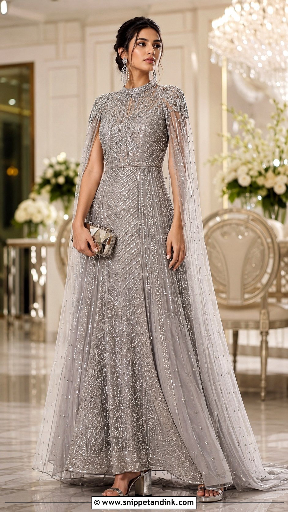 Silver Heavy Indo Western Gown With Cape - Snippet and Ink - 20 Heavy Dress for Wedding Ideas