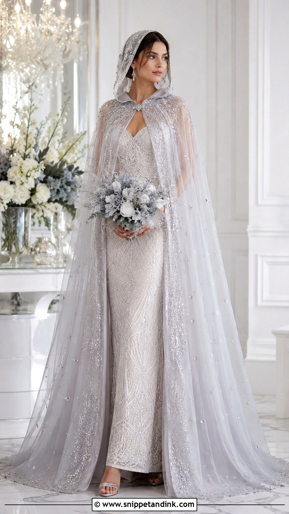 Silver Hooded Wedding Cape With Beaded Gown - Snippet and Ink - 20 Wedding Cape with Hood Ideas