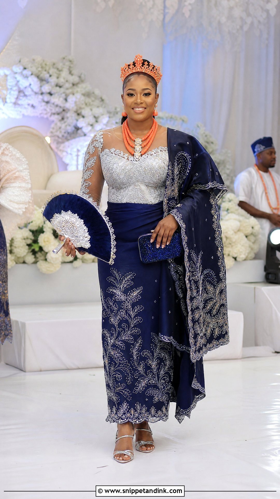 Silver Lace And Navy George Igbo Bride Outfit - Snippet and Ink - 20 Igbo Bride Traditional Wedding Outfit Ideas