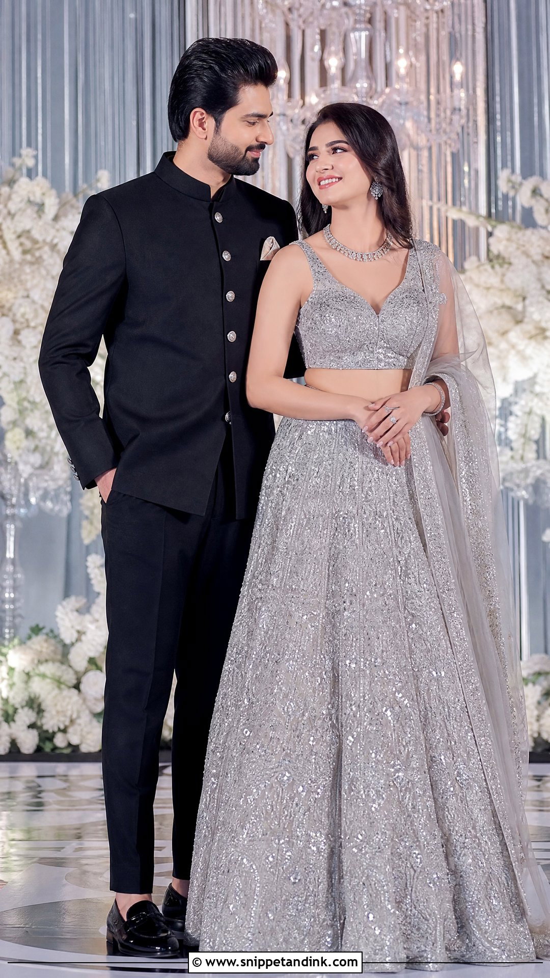 Silver Lehenga And Black Bandhgala Sangeet Couple Outfit - Snippet and Ink - 25 Sangeet Couple Outfits