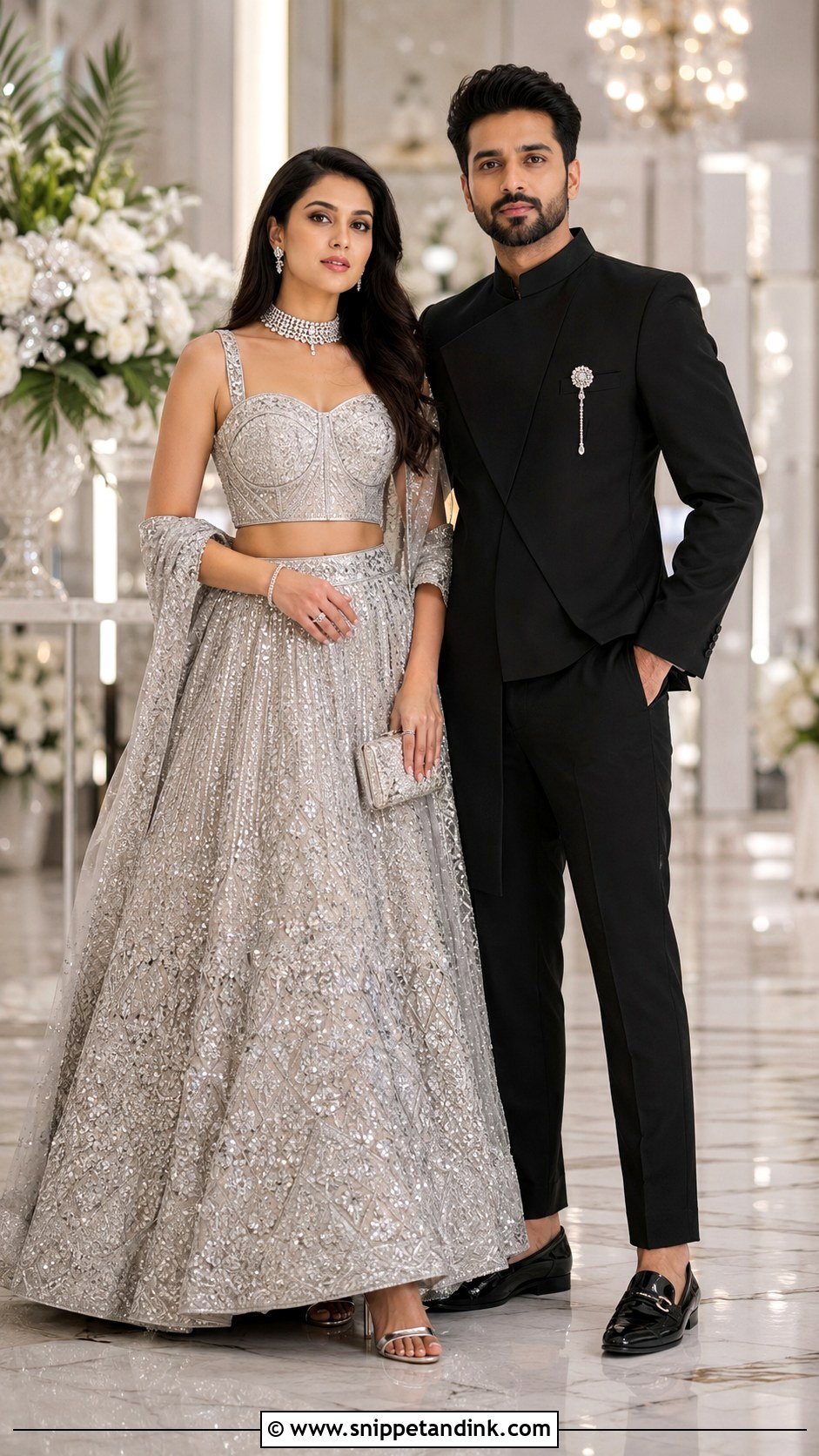Silver Lehenga And Black Indo Western Outfit - Snippet and Ink - 20 Indian Couple Wedding Outfit Ideas