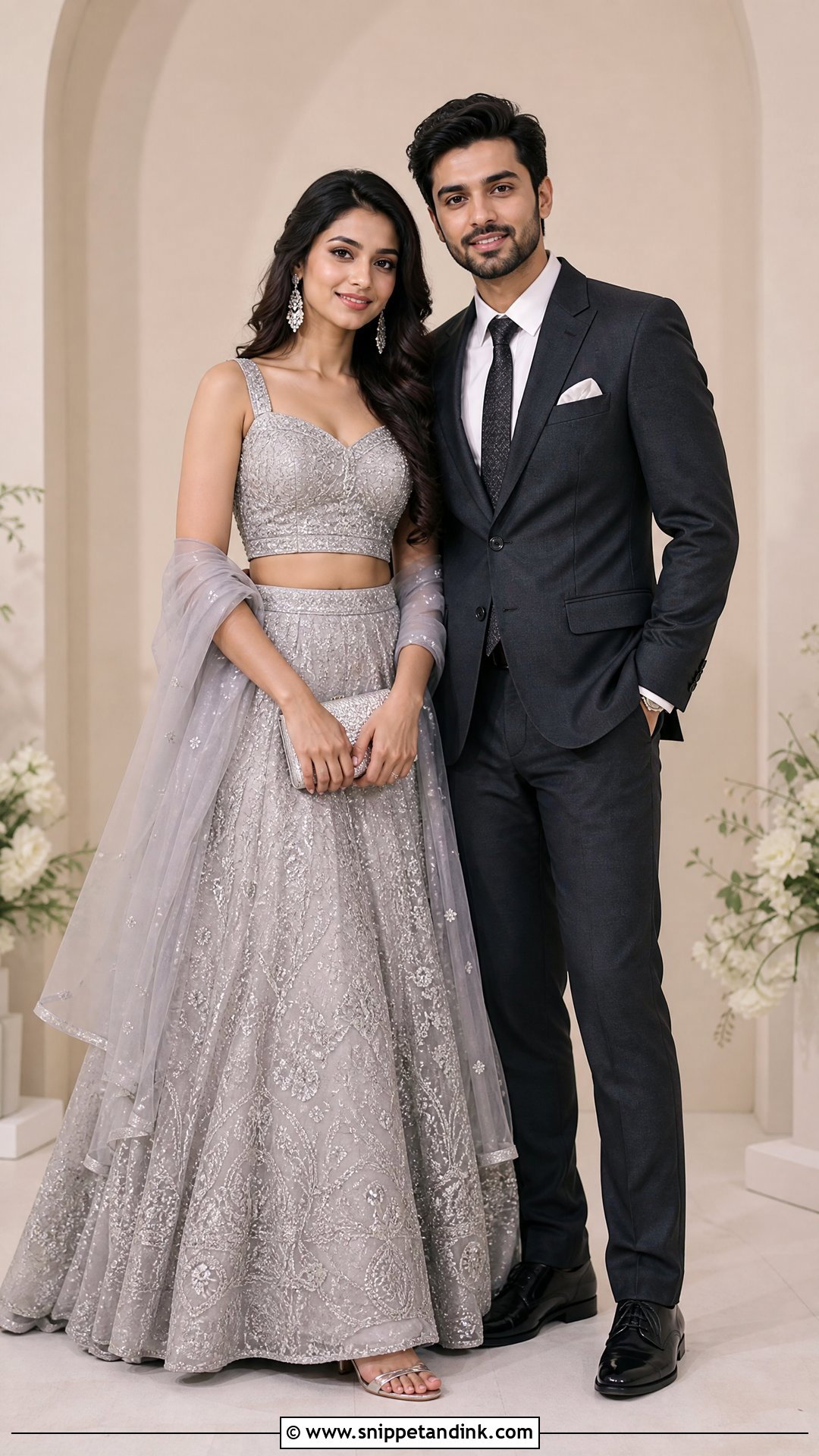 Silver Lehenga And Charcoal Tuxedo - Snippet and Ink - 20 Ring Ceremony Couple Dress Ideas