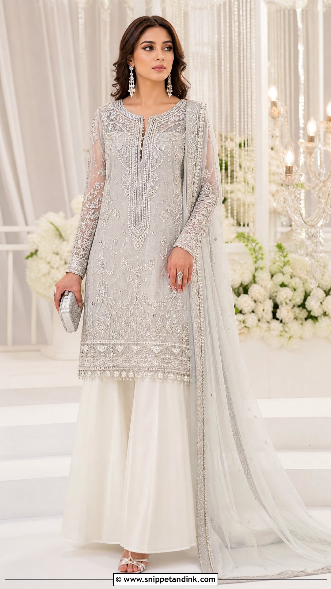 Silver Long Shirt With White Palazzo - Snippet and Ink - 25 Pakistani Long Shirt Wedding Dress Ideas