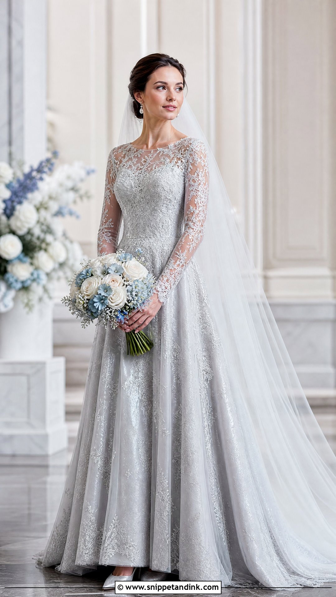Silver Long Sleeve Lace Wedding Dress - Snippet and Ink - 20 Silver Wedding Dresses