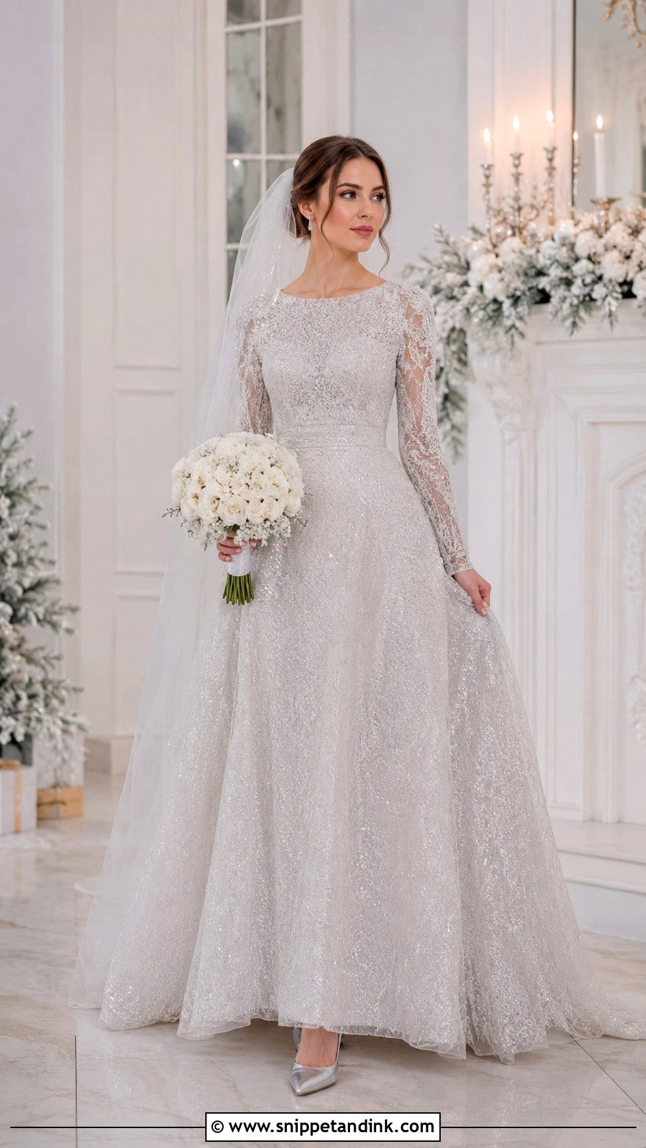 Silver Long Sleeve Wedding Gown - Snippet and Ink - 20 Elegant Silver Wedding Gowns