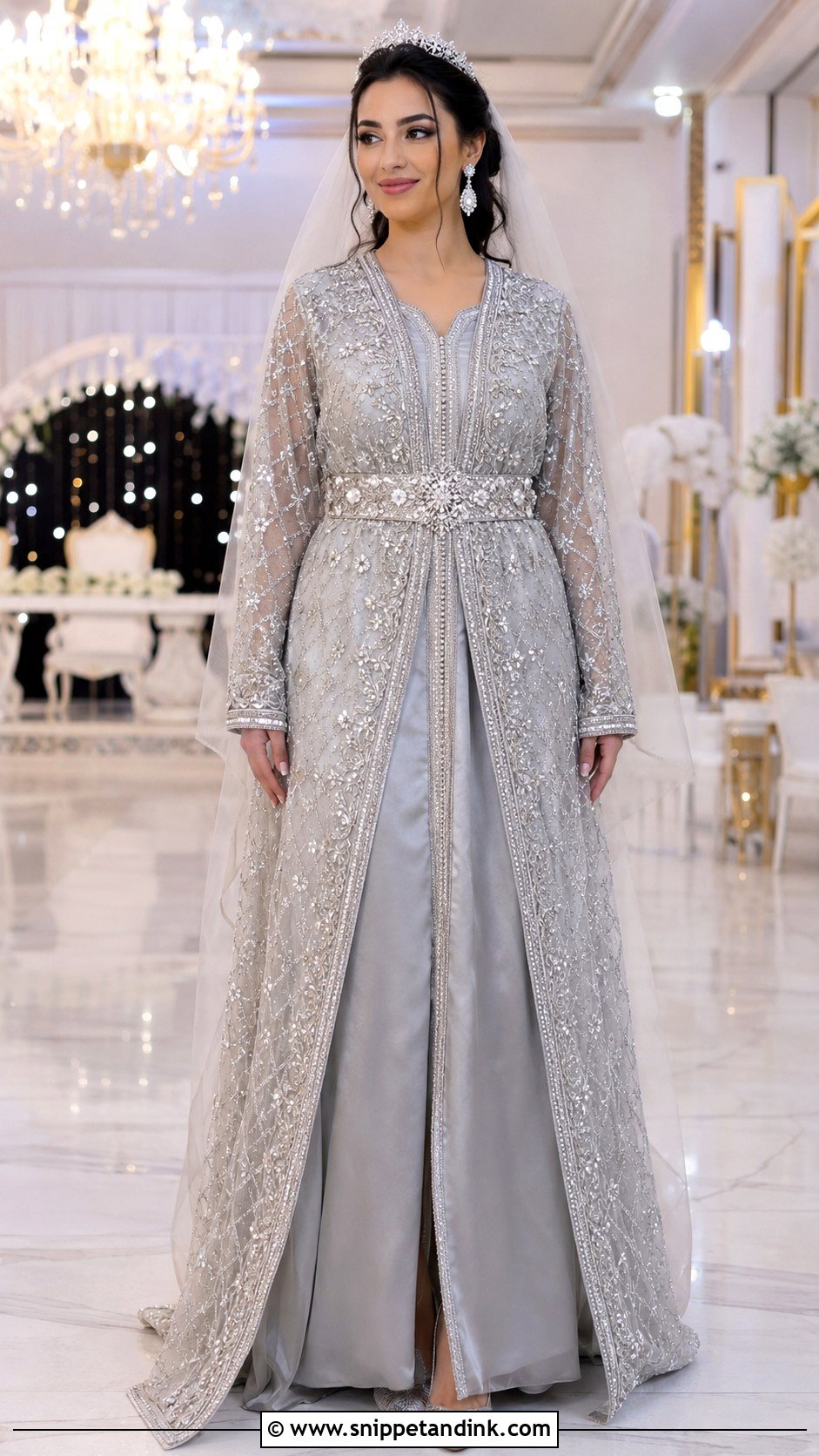 Silver Moroccan Bride Takchita With Beaded Tulle - Snippet and Ink - 20 Moroccan Bride Dress Ideas
