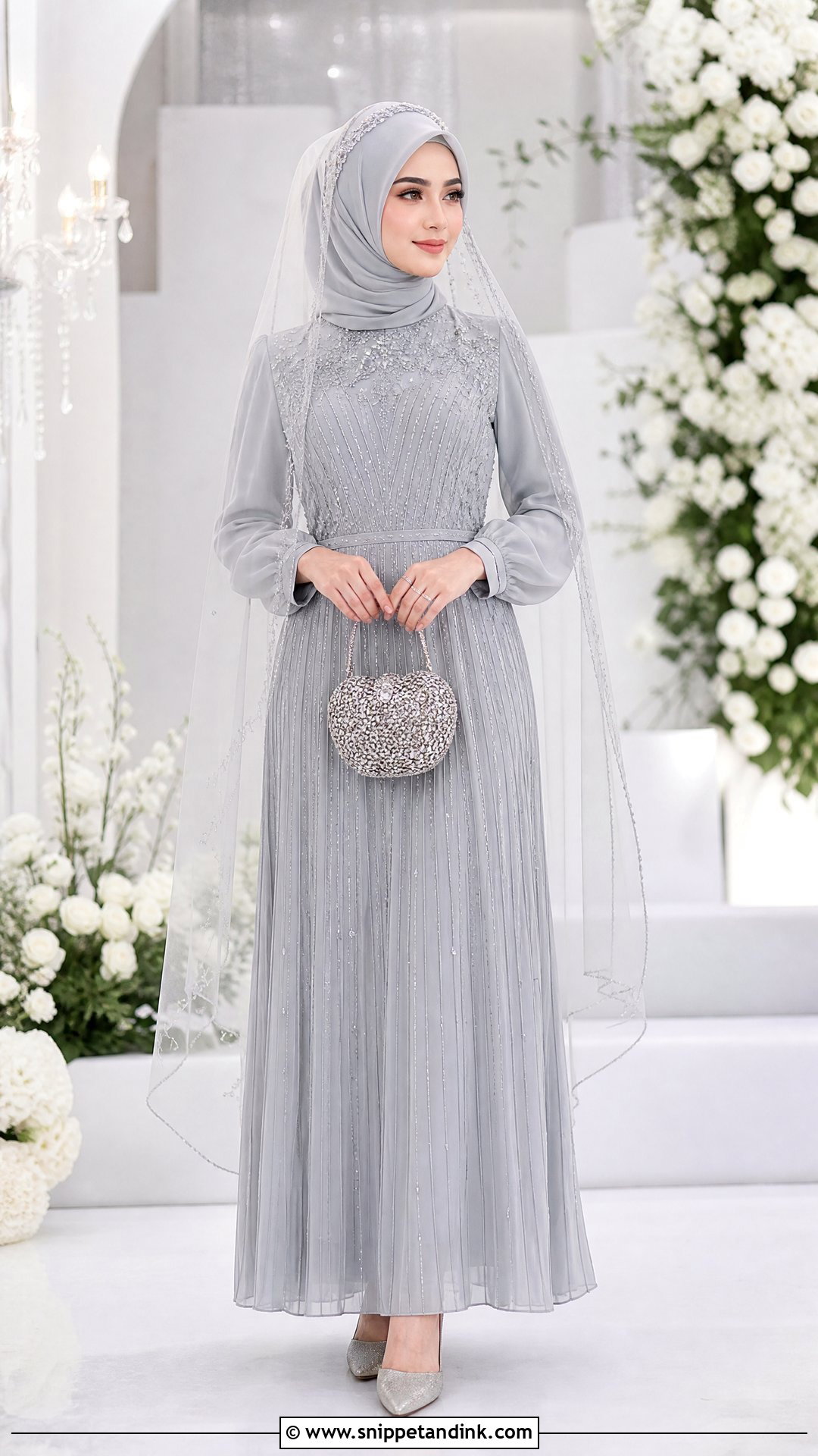 Silver Nikah Hijab With Gray Maxi Dress - Snippet and Ink - 20 Nikah Hijab Style Ideas