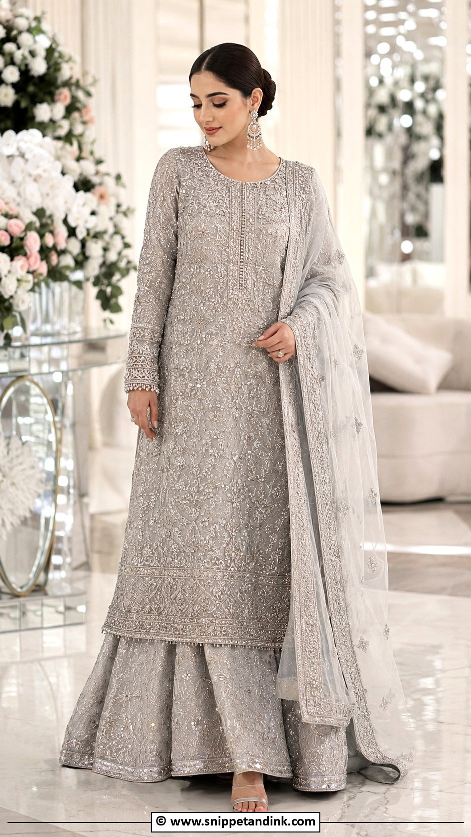 Silver Nikkah Lehenga With Long Shirt - Snippet and Ink - 30 Pakistani Nikkah Dress Ideas