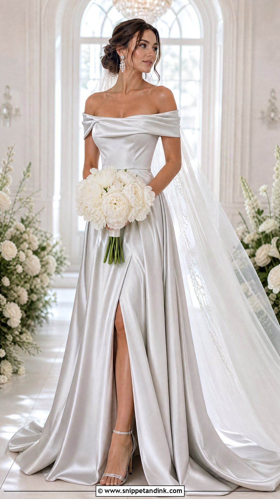 Silver Off Shoulder Bridal Dress - Snippet and Ink - 20 Silver Bridal Dress Ideas