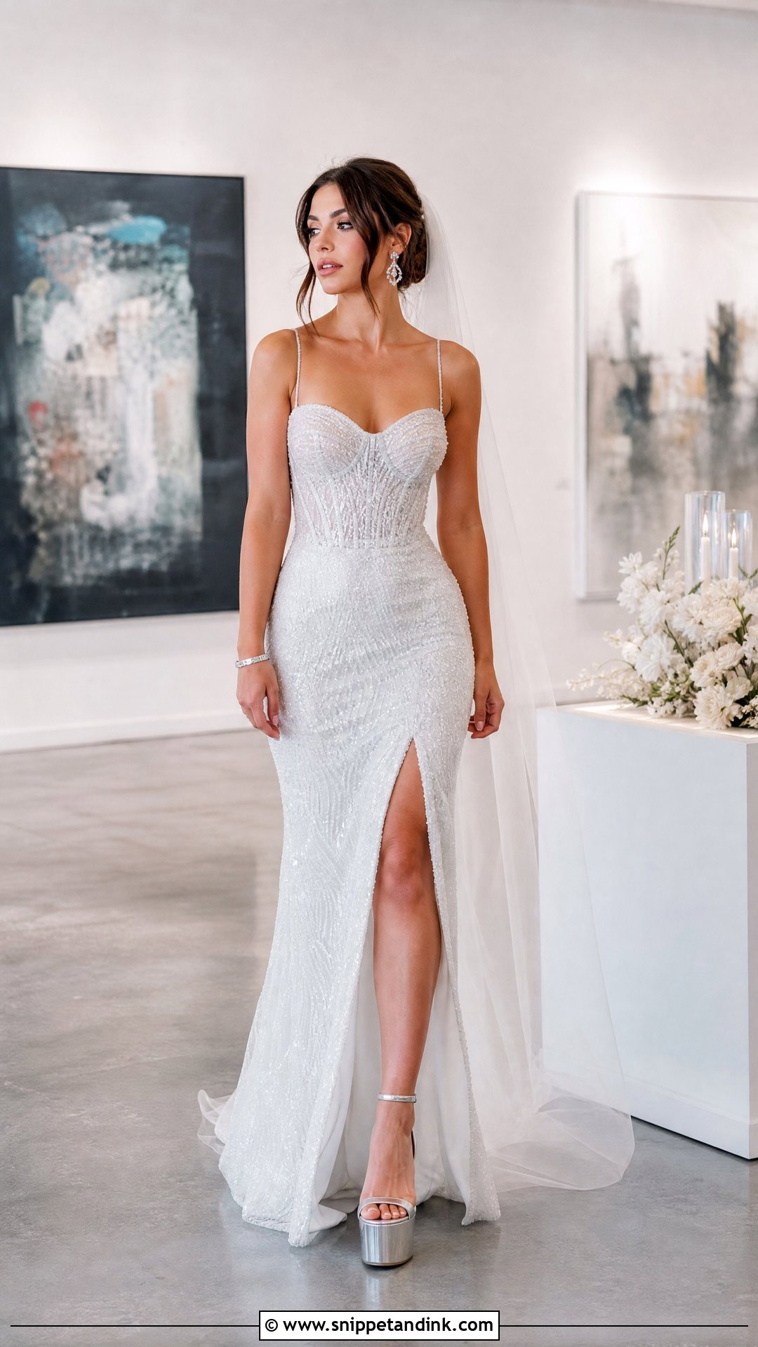Silver Platform Wedding Heels With Beaded Dress - Snippet and Ink - 20 Platform Wedding Heels Ideas