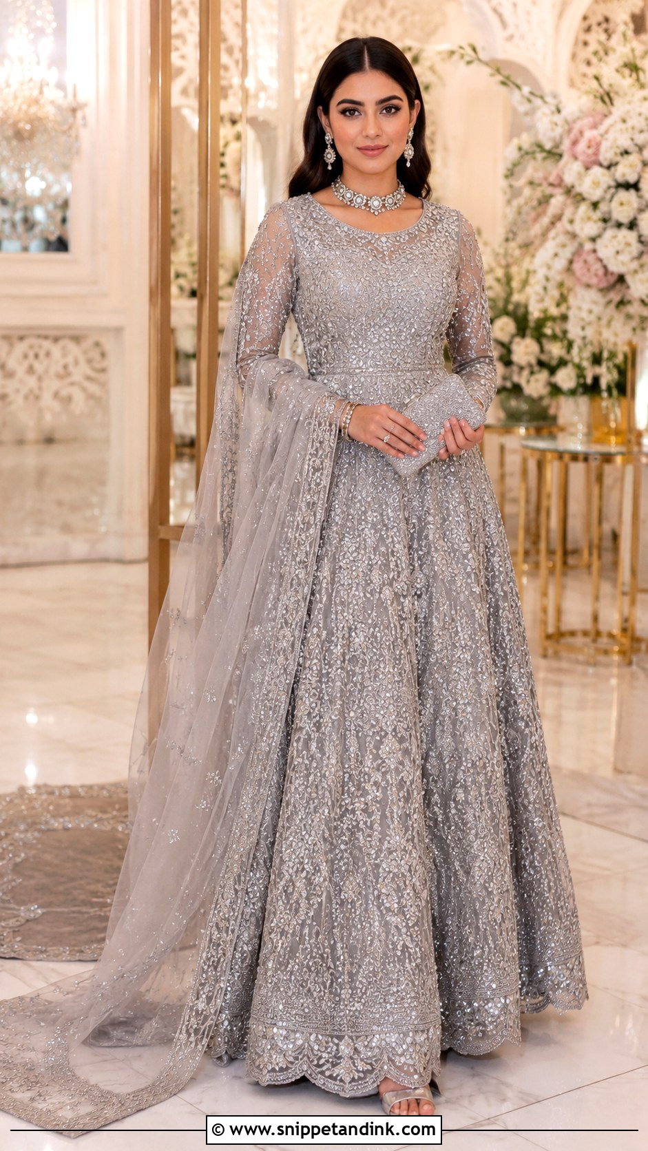 Silver Reception Gown With Net Dupatta - Snippet and Ink - 30 Pakistani Wedding Dresses