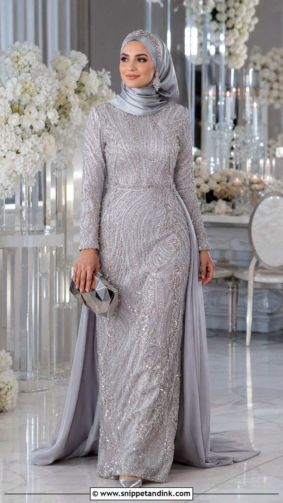 Silver Reception Wedding Hijab Outfit - Snippet and Ink - 20 Hijab in Wedding Ideas