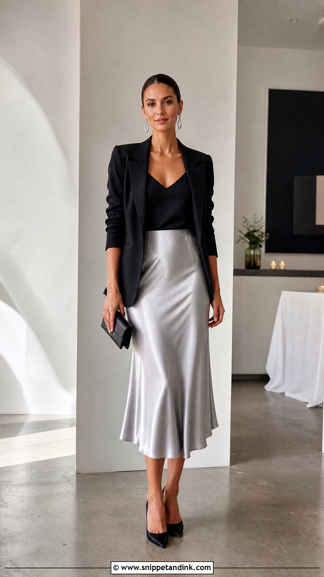 Silver Satin Skirt With Black Blazer - Snippet and Ink - 25 Classy Satin Skirt Wedding Outfit Ideas