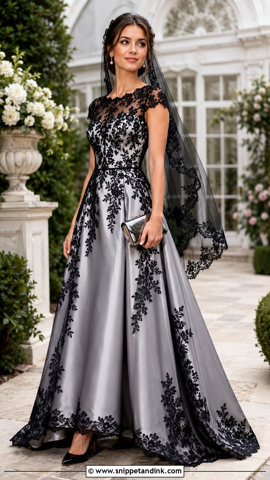 Silver Satin Wedding Dress With Black Lace Overlay - Snippet and Ink - 20 Black and Silver Wedding Dress Ideas