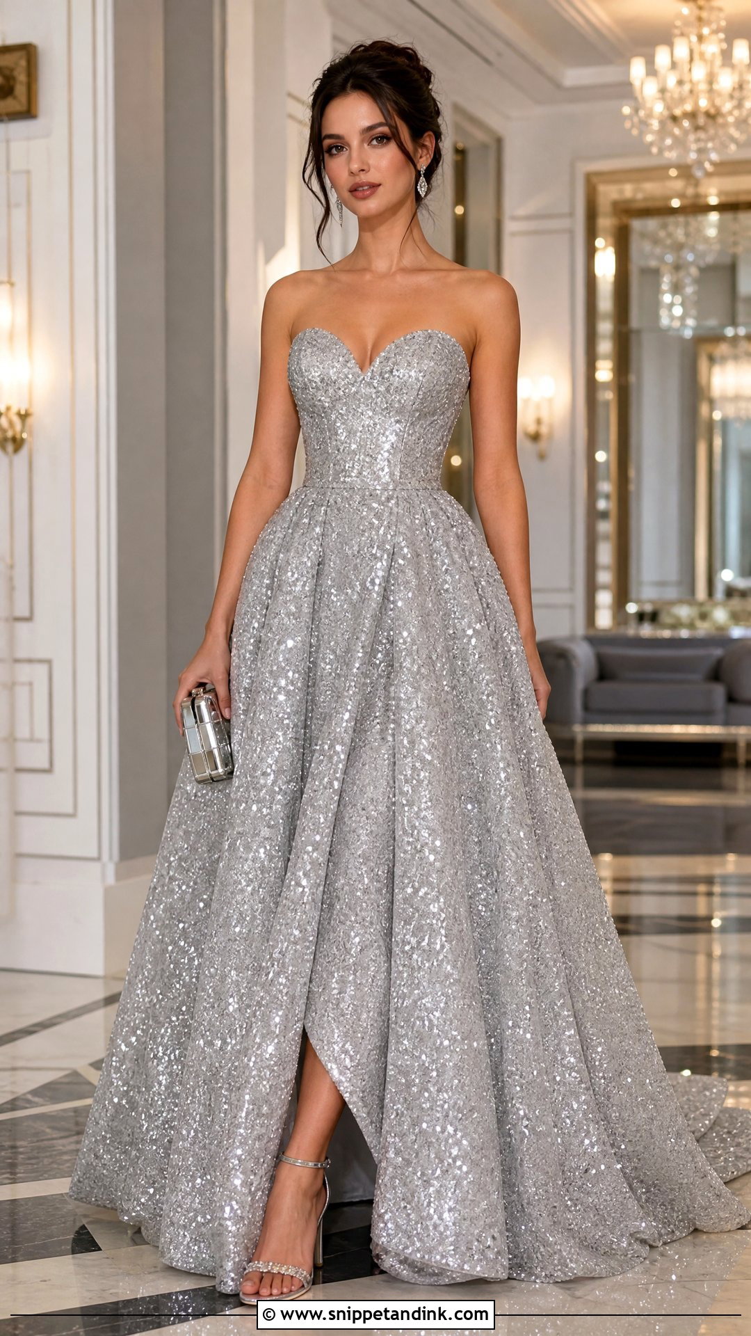 Silver Sequin Ball Gown With Crystal Heels - Snippet and Ink - 20 Sequin Ball Gown Ideas
