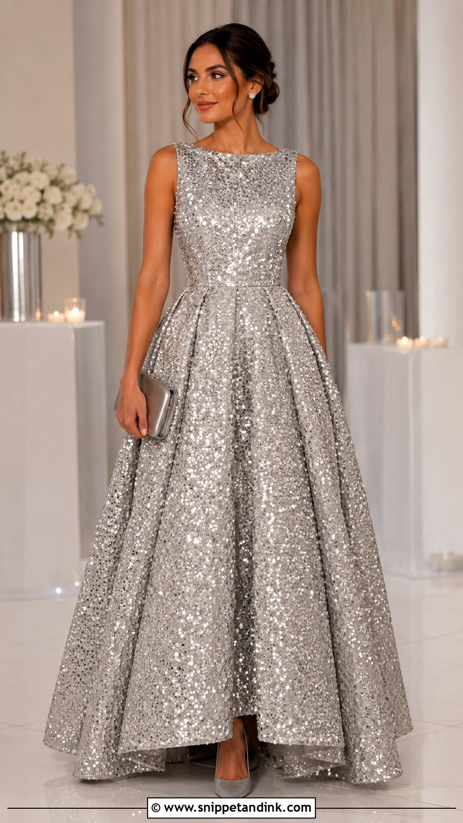 Silver Sequin Ball Gown With Minimal Jewelry - Snippet and Ink - 20 Modern Ball Gown Ideas