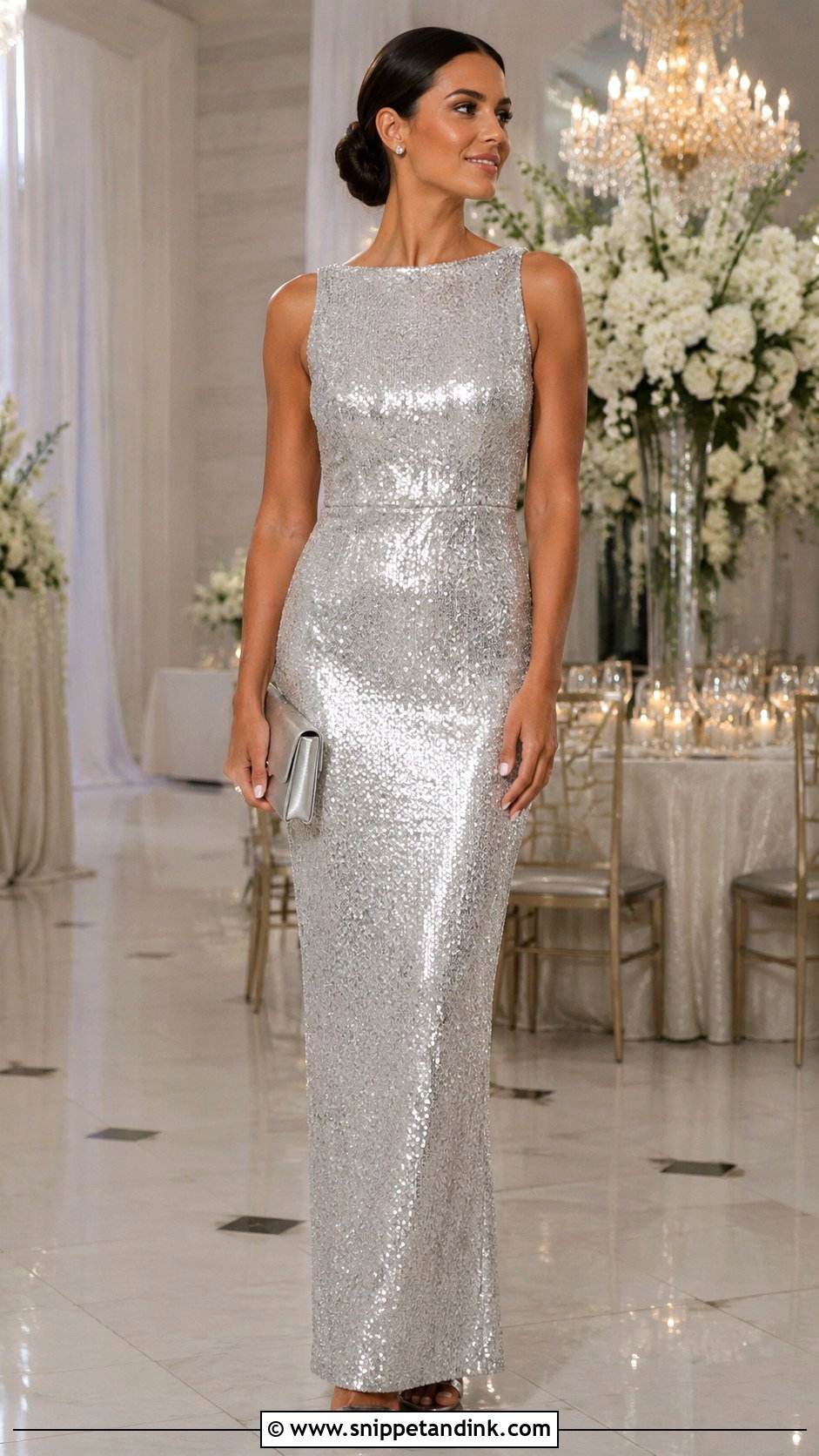 Silver Sequin Gown Wedding Guest Outfit - Snippet and Ink - 20 Elegant Wedding Outfit Ideas