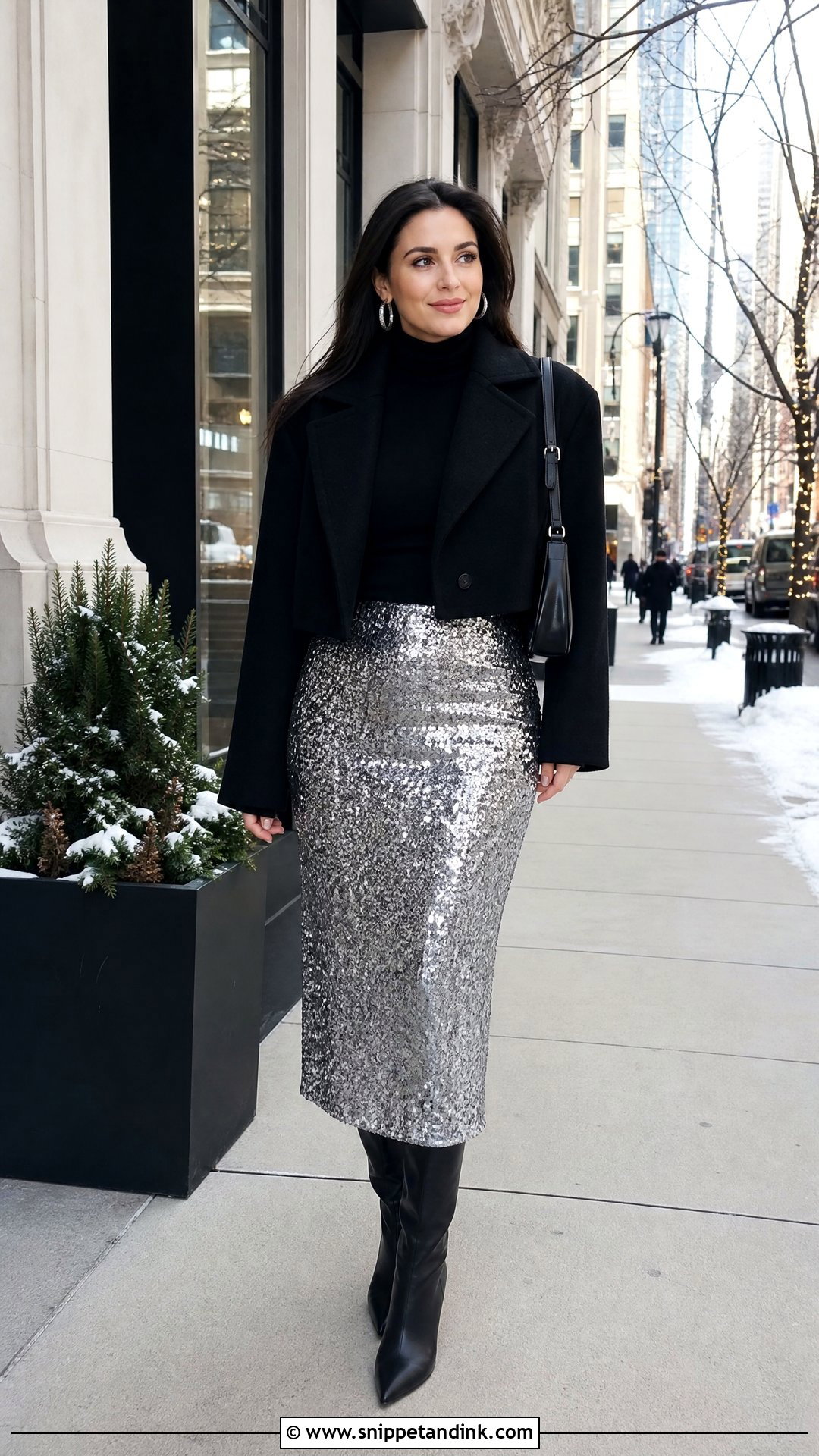 Silver Sequin Skirt Winter Bachelorette Party Outfit - Snippet and Ink - 25 Winter Bachelorette Party Outfit Ideas