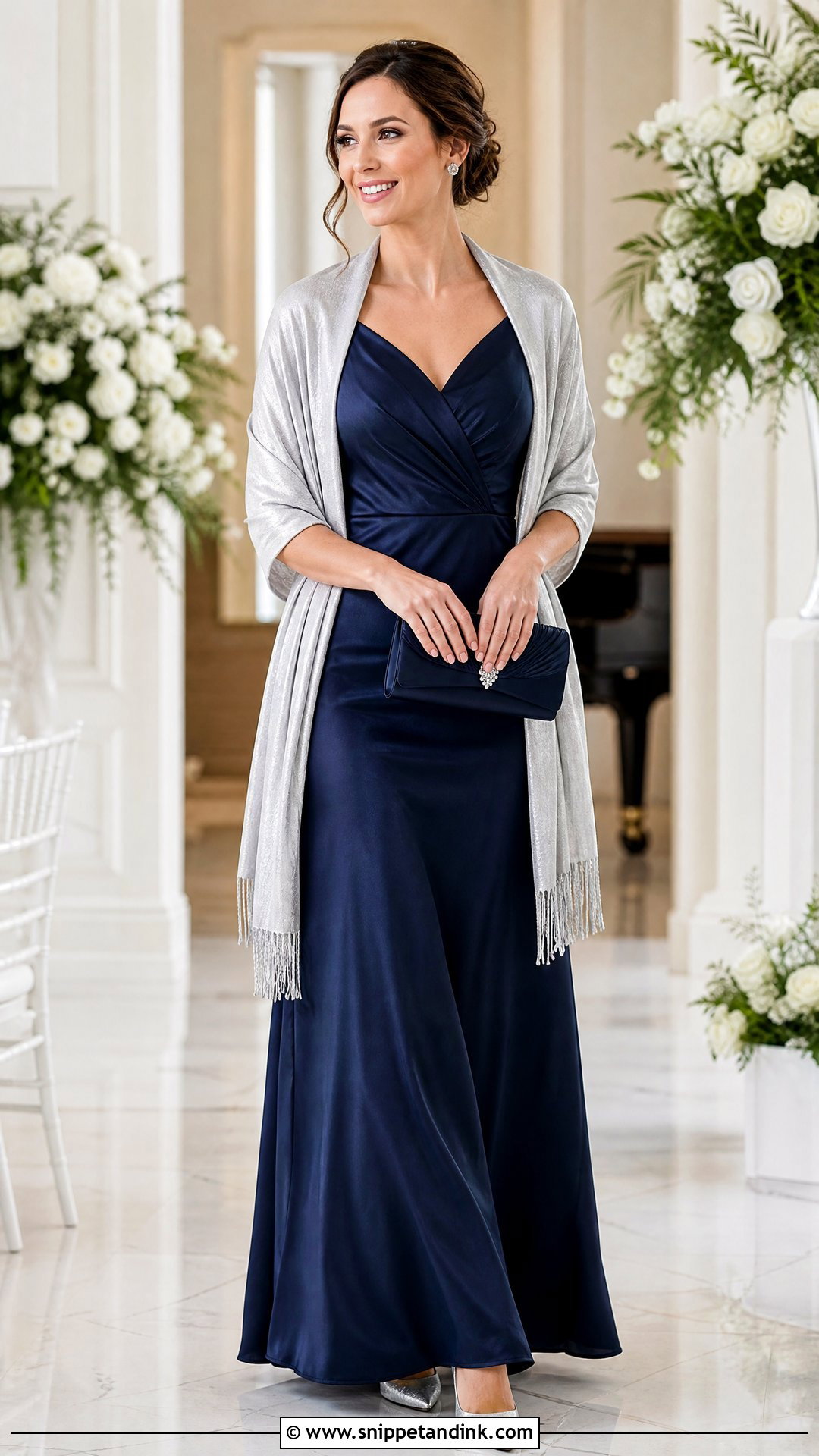 Silver Shawl With Navy Bridesmaid Dress - Snippet and Ink - 20 Winter Wedding Shawl Ideas