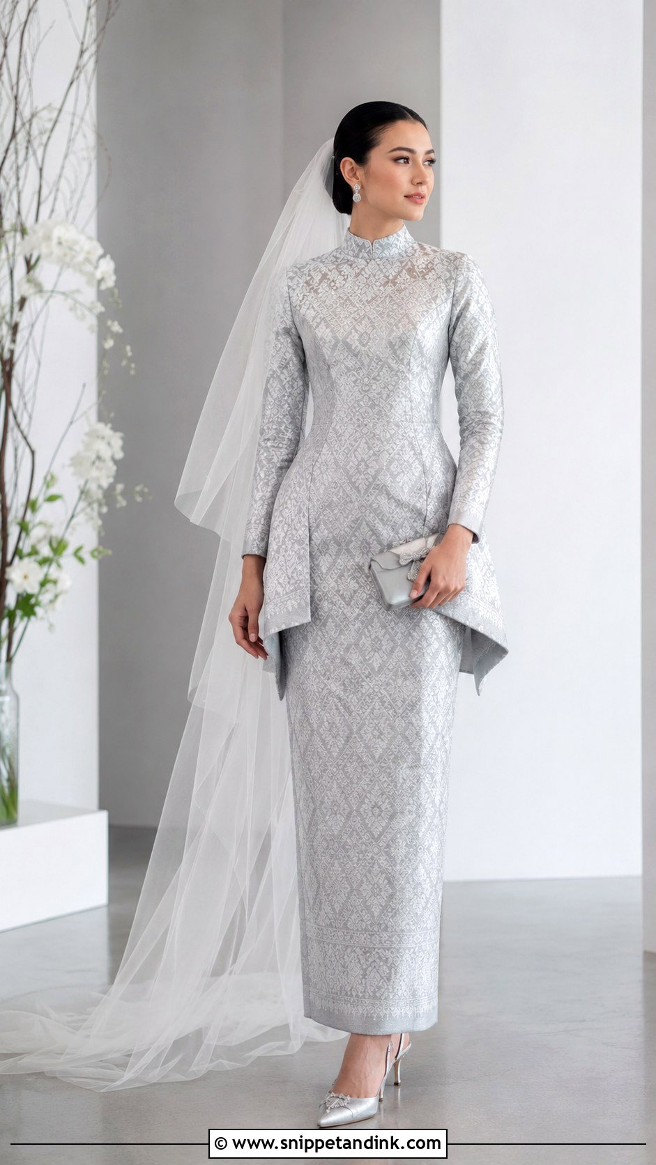 Silver Songket Column Wedding Dress - Snippet and Ink - 20 Modern Songket Wedding Dress Ideas