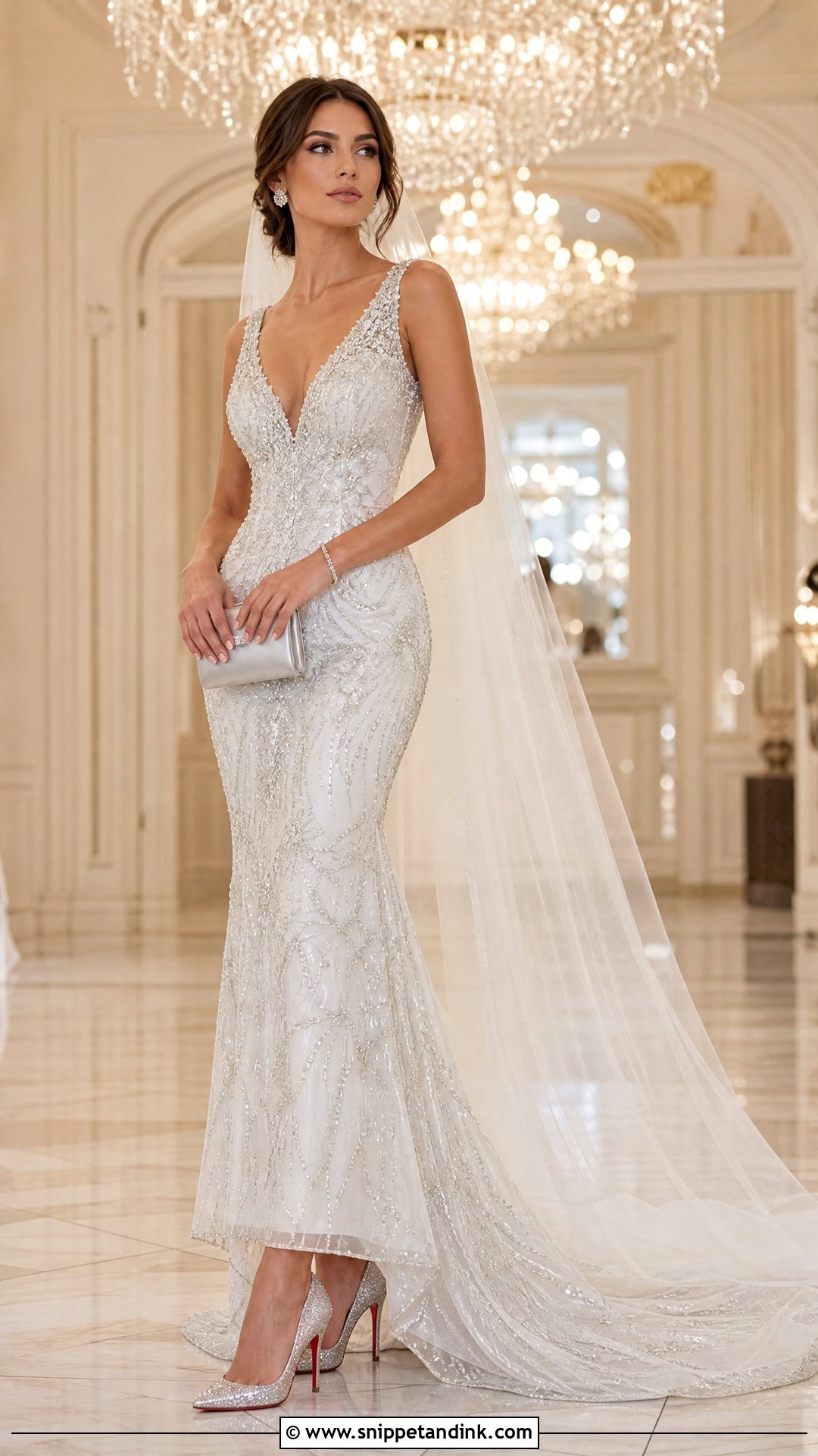 Silver Strass Louboutins With A Beaded Wedding Gown - Snippet and Ink - 20 Wedding Louboutins Ideas