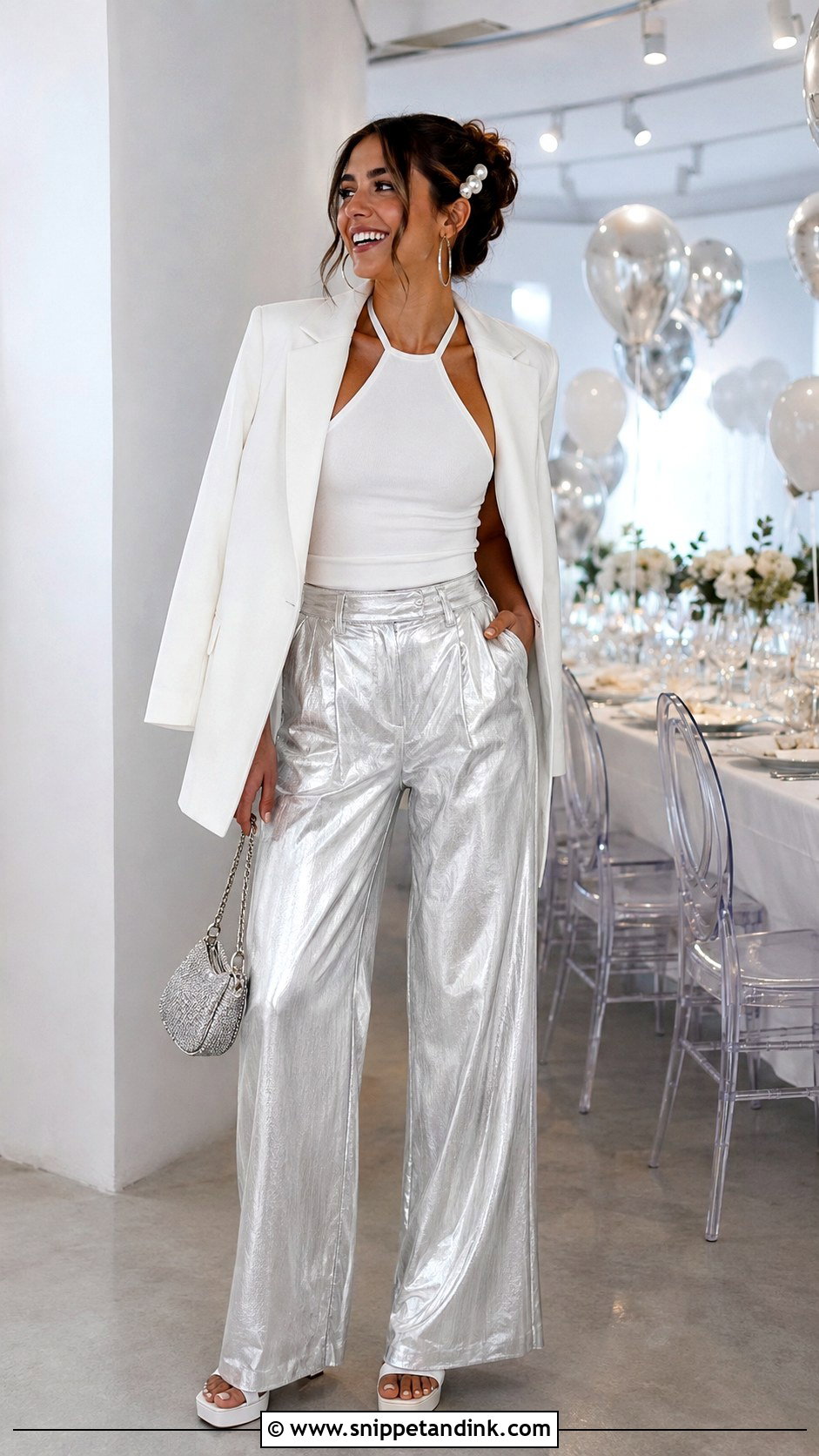 Silver Trousers And White Top Bride Hen Do Outfit - Snippet and Ink - 20 Bride Hen Do Outfit Ideas