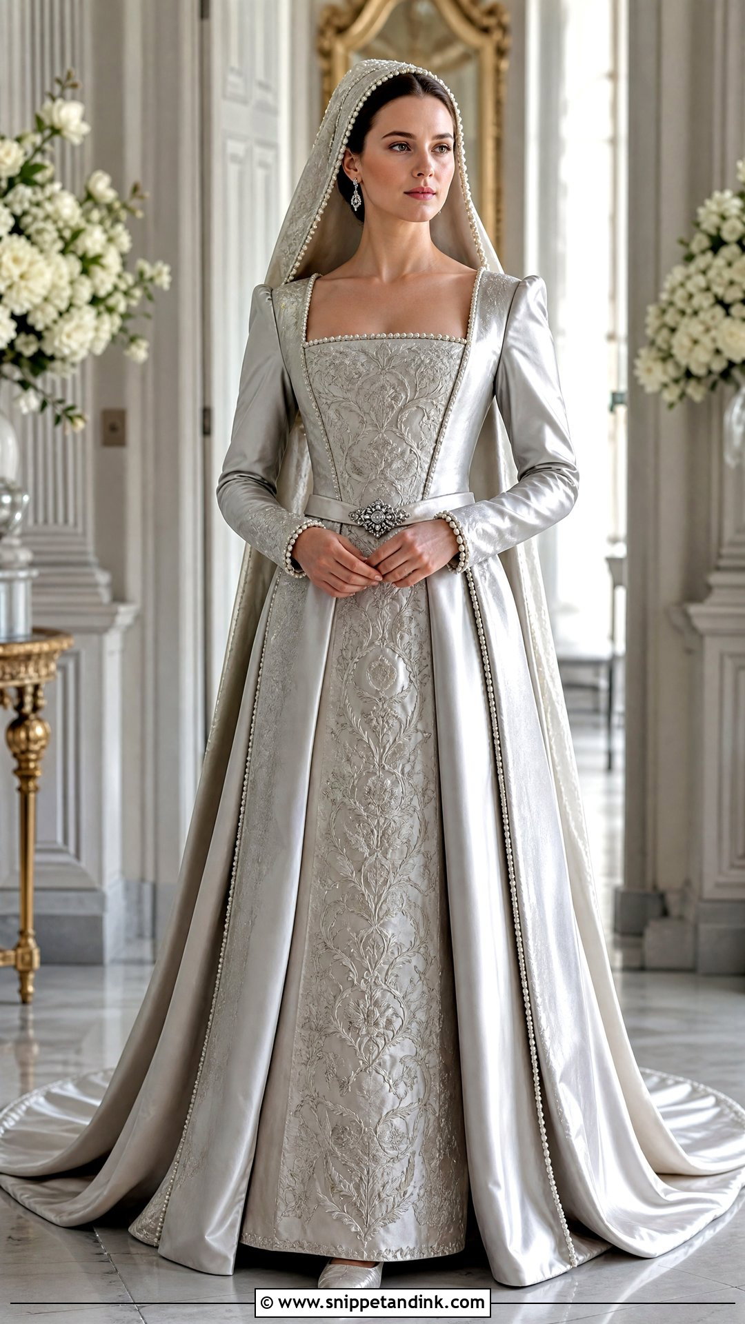 Silver Tudor Wedding Dress With Embroidery - Snippet and Ink - 20 Tudor Wedding Dress Ideas