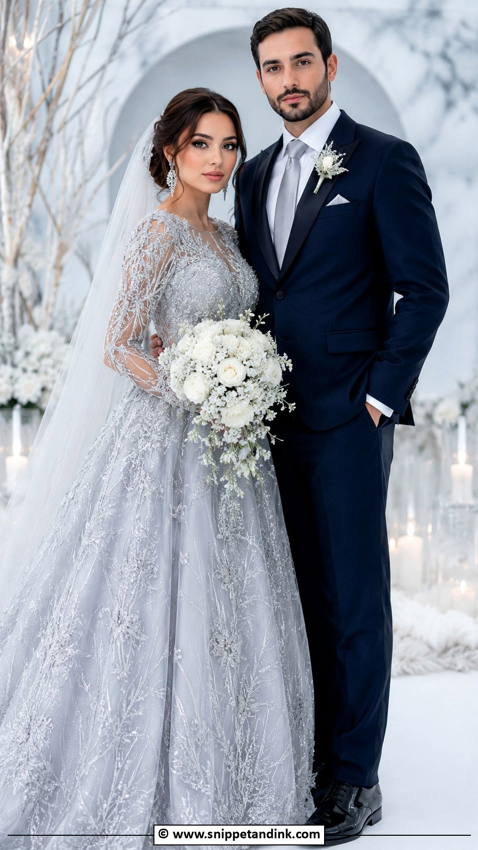 Silver Wedding Dress And Midnight Blue Suit - Snippet and Ink - 30 Couple Wedding Dress Ideas
