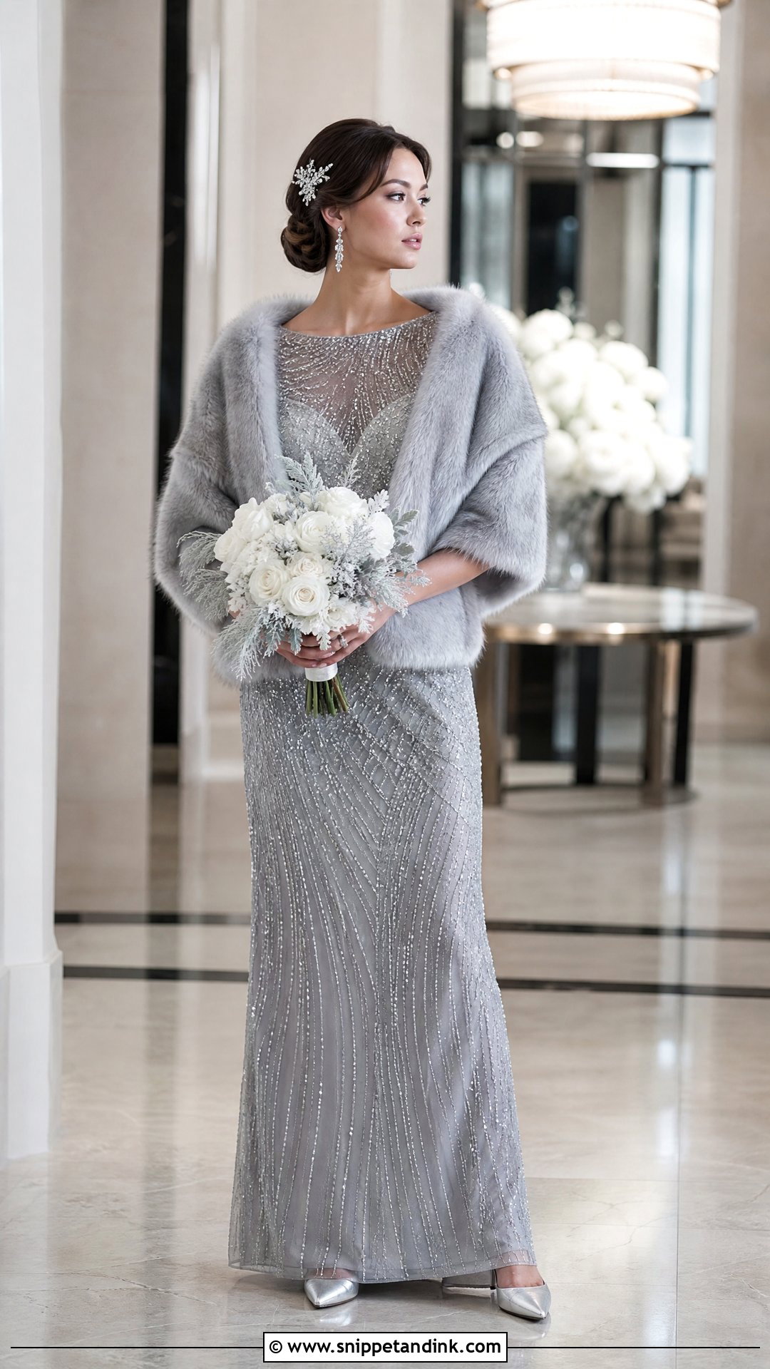 Silver Winter Wedding Dress With Gray Fur Wrap - Snippet and Ink - 25 Winter Wedding Dress Fur Ideas