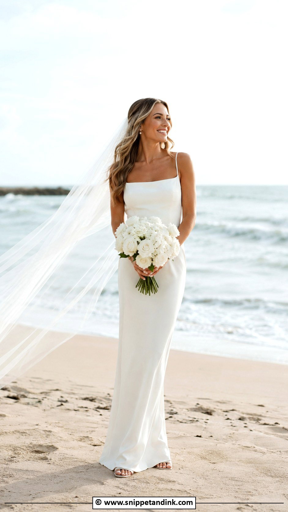 Simple Beach Bridal Dress With Cathedral Veil - Snippet and Ink - 30 Beach Bridal Dresses