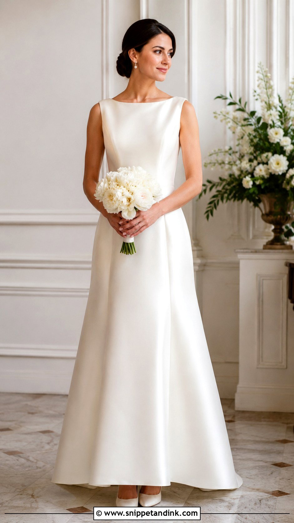 Simple Boat Neck Bridal Dress With Pearl Earrings - Snippet and Ink - 25 Simple Bridal Dress Ideas