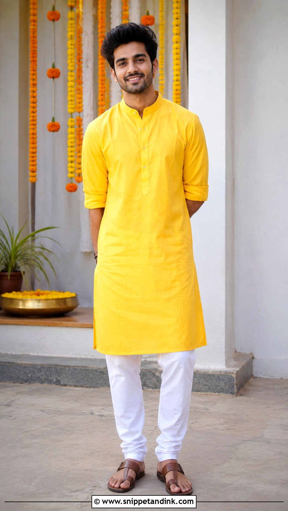 Simple Budget Haldi Kurta With Sandals - Snippet and Ink - 20 Haldi Outfit for Bride Brother Ideas