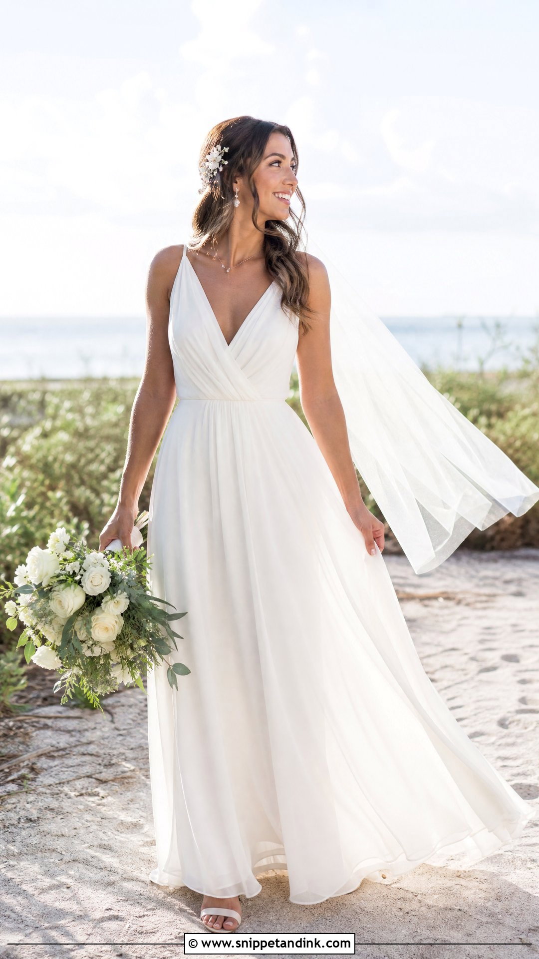 Simple Chiffon A Line Wedding Dress With Floral Hair Pins - Snippet and Ink - 25 Simple a Line Wedding Dress Ideas