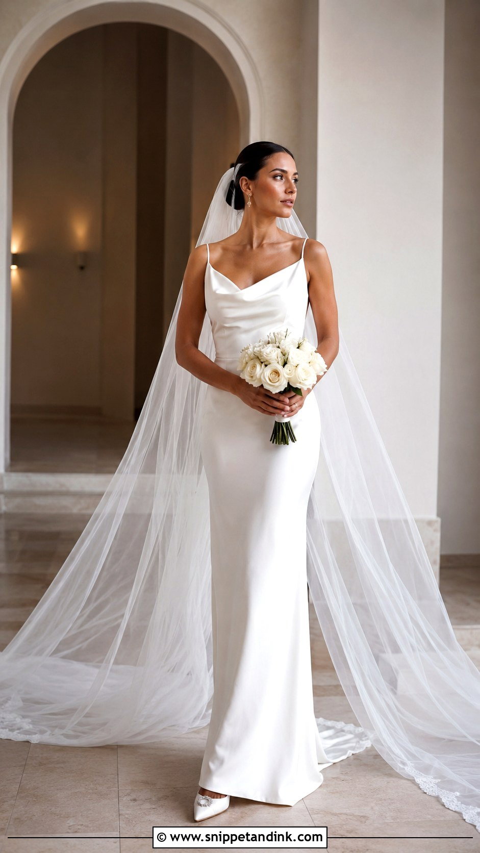 Simple Column Bridal Dress With Cathedral Veil - Snippet and Ink - 25 Simple Bridal Dress Ideas