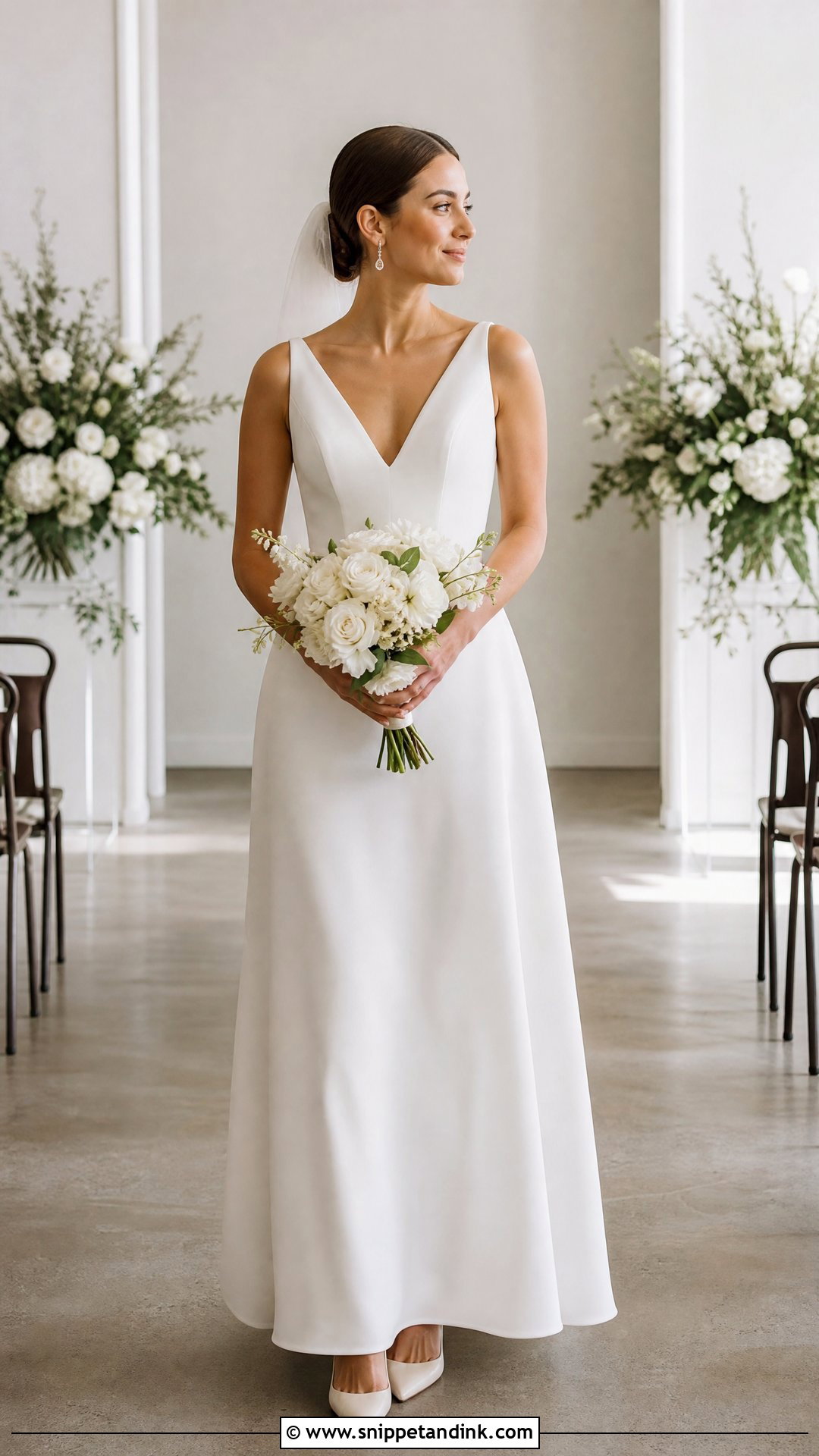 Simple Crepe A Line Wedding Dress With Low Bun - Snippet and Ink - 25 Simple a Line Wedding Dress Ideas
