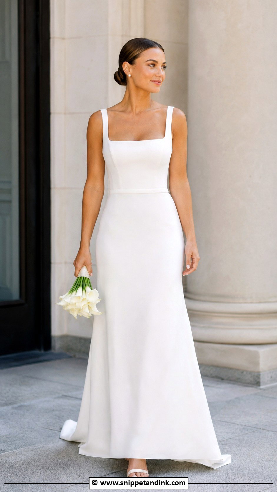 Simple Crepe A Line Wedding Dress With Low Bun - Snippet and Ink - 30 Aline Wedding Dress Ideas