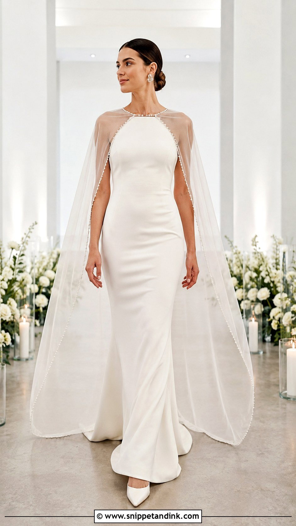 Simple Crepe Cape Wedding Dress - Snippet and Ink - 30 Wedding Dress with Cape Ideas