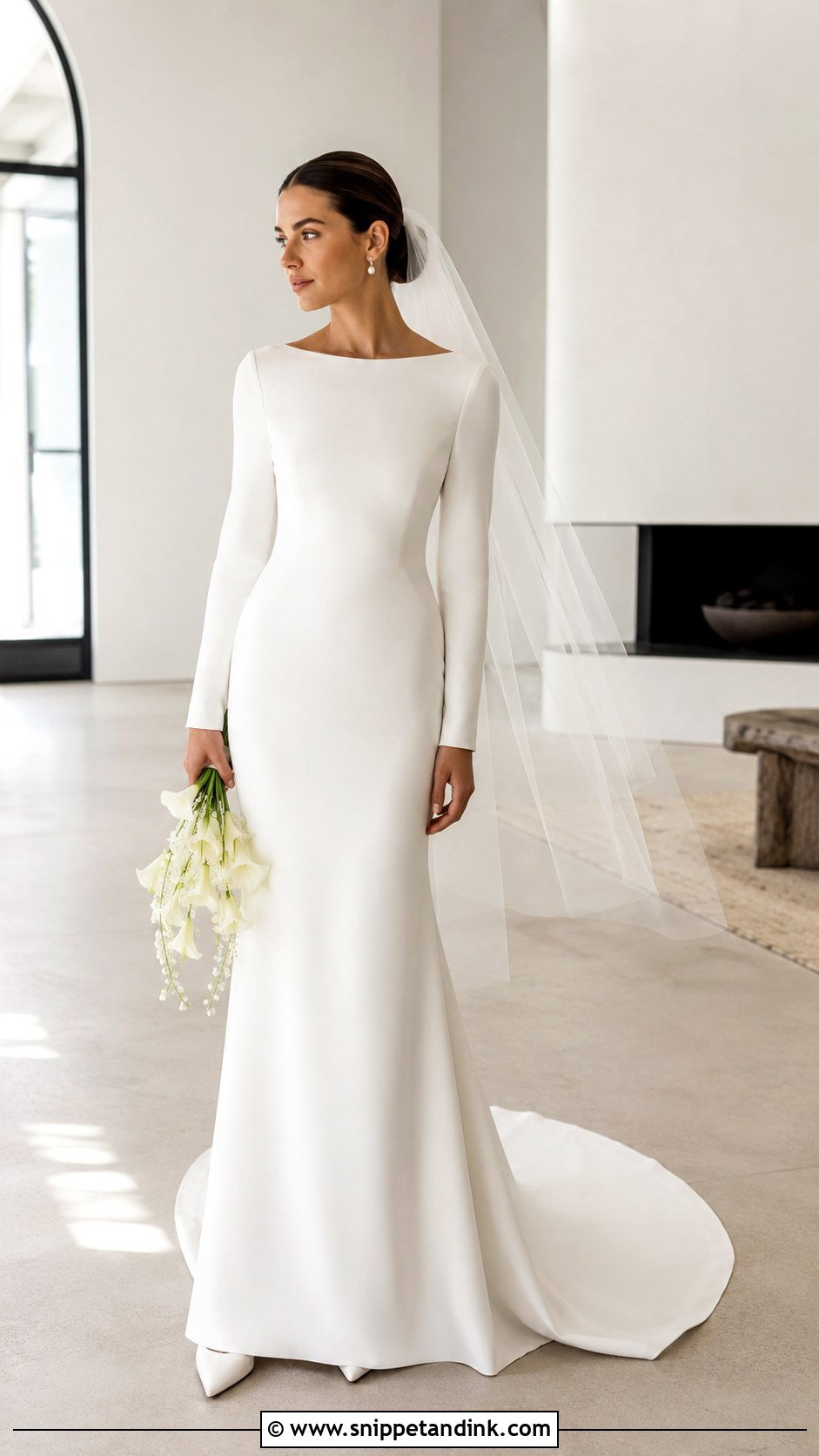 Simple Crepe Column Wedding Gown With Sleeves - Snippet and Ink - 20 Modest Wedding Gowns with Sleeves