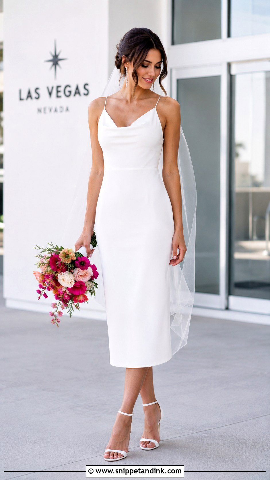 Simple Crepe Dress With Colorful Bouquet - Snippet and Ink - 30 Vegas Elopement Dress Ideas