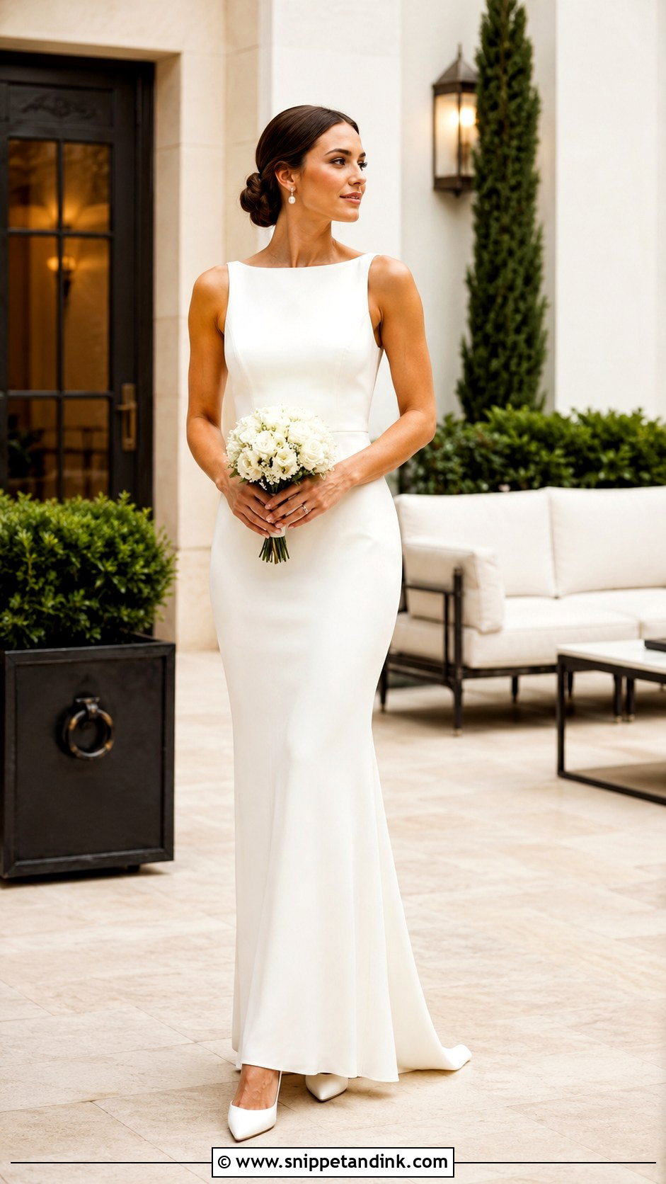 Simple Crepe Elopement Dress With Pearl Earrings - Snippet and Ink - 25 Elopement Dresses