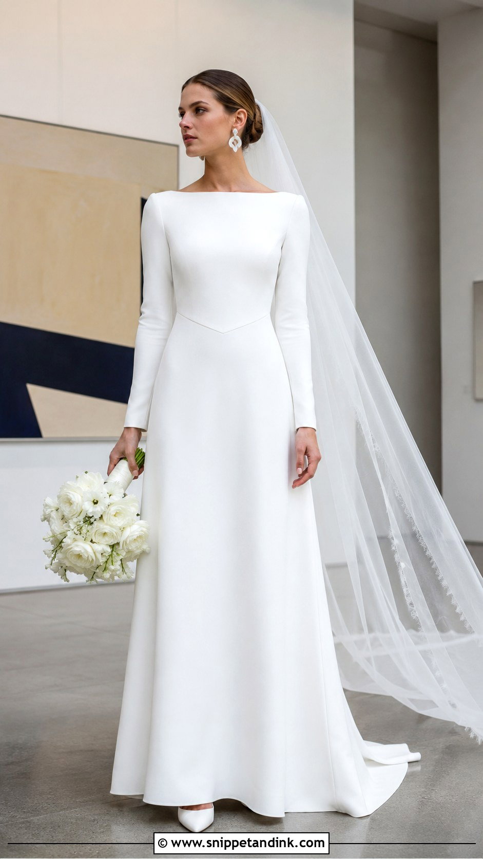 Simple Crepe Long Sleeve Basque Waist Wedding Dress - Snippet and Ink - 20 Long Sleeve Basque Waist Wedding Dress Ideas