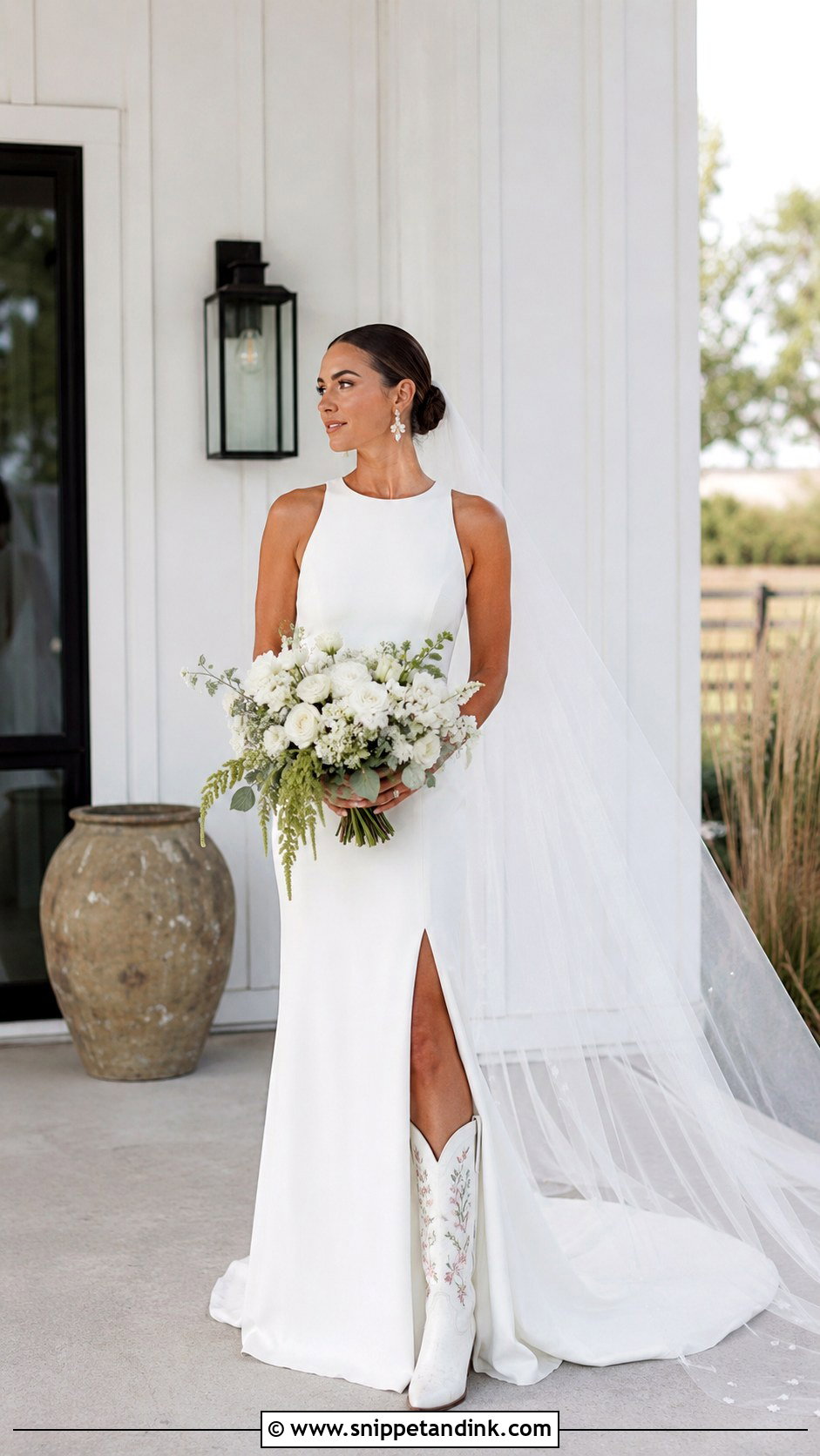 Simple Crepe Wedding Dress With Cowgirl Boots - Snippet and Ink - 20 Cowgirl Boots Wedding Dress Ideas