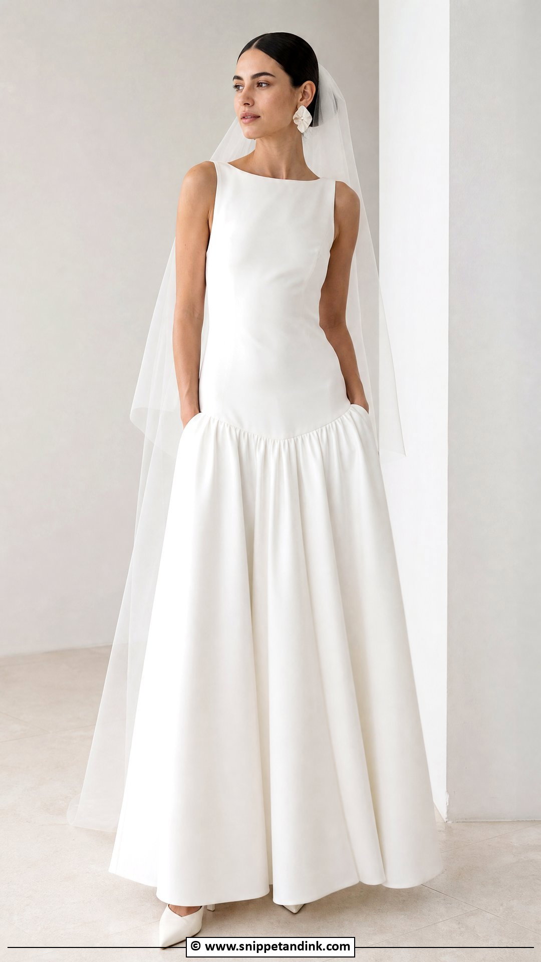 Simple Drop Waist Wedding Dress With Minimal Veil - Snippet and Ink - 35 Drop Waist Wedding Dress Ideas