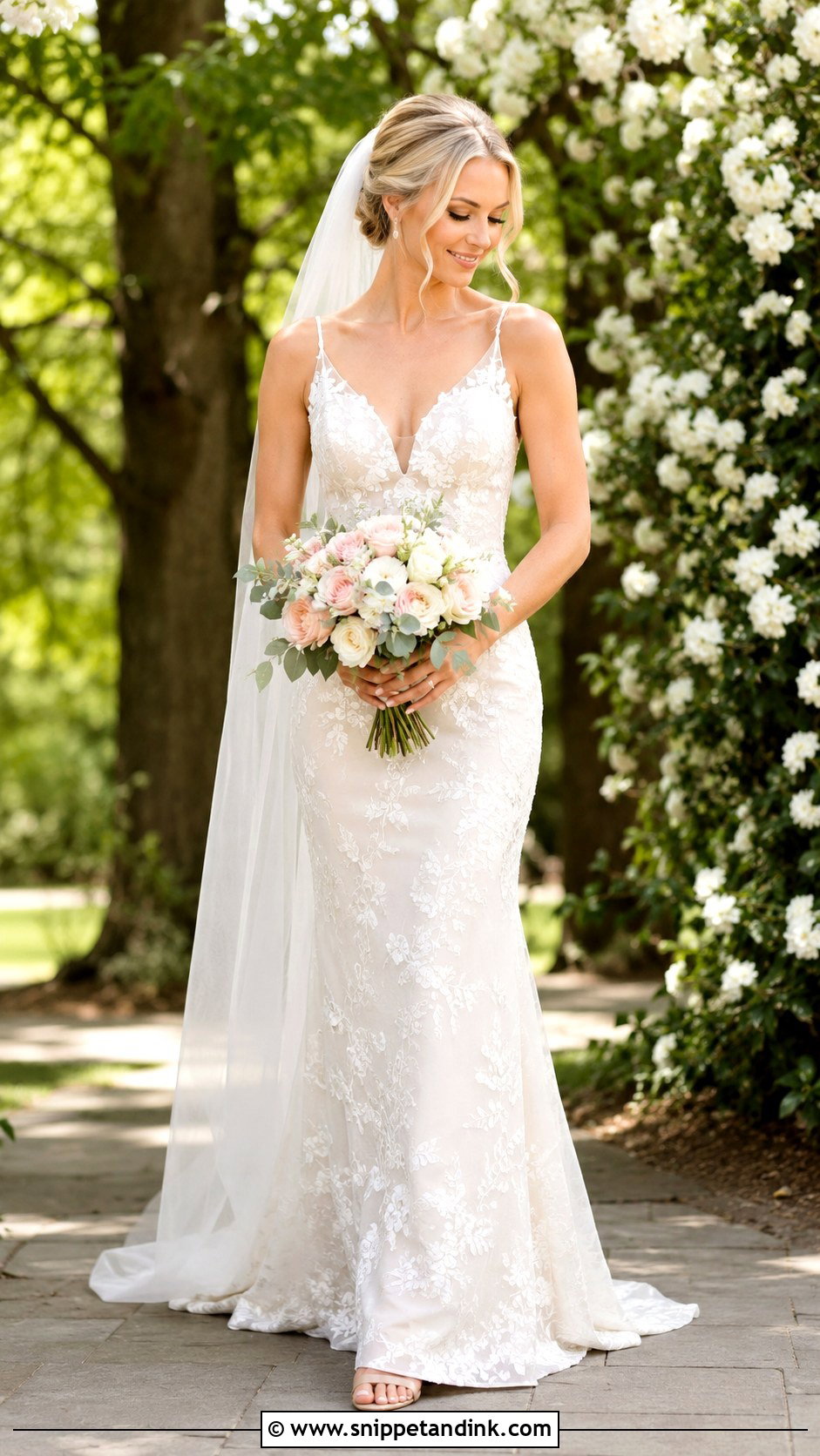Simple Floral Applique Bridal Dress With Nude Heels - Snippet and Ink - 25 Simple Bridal Dress Ideas