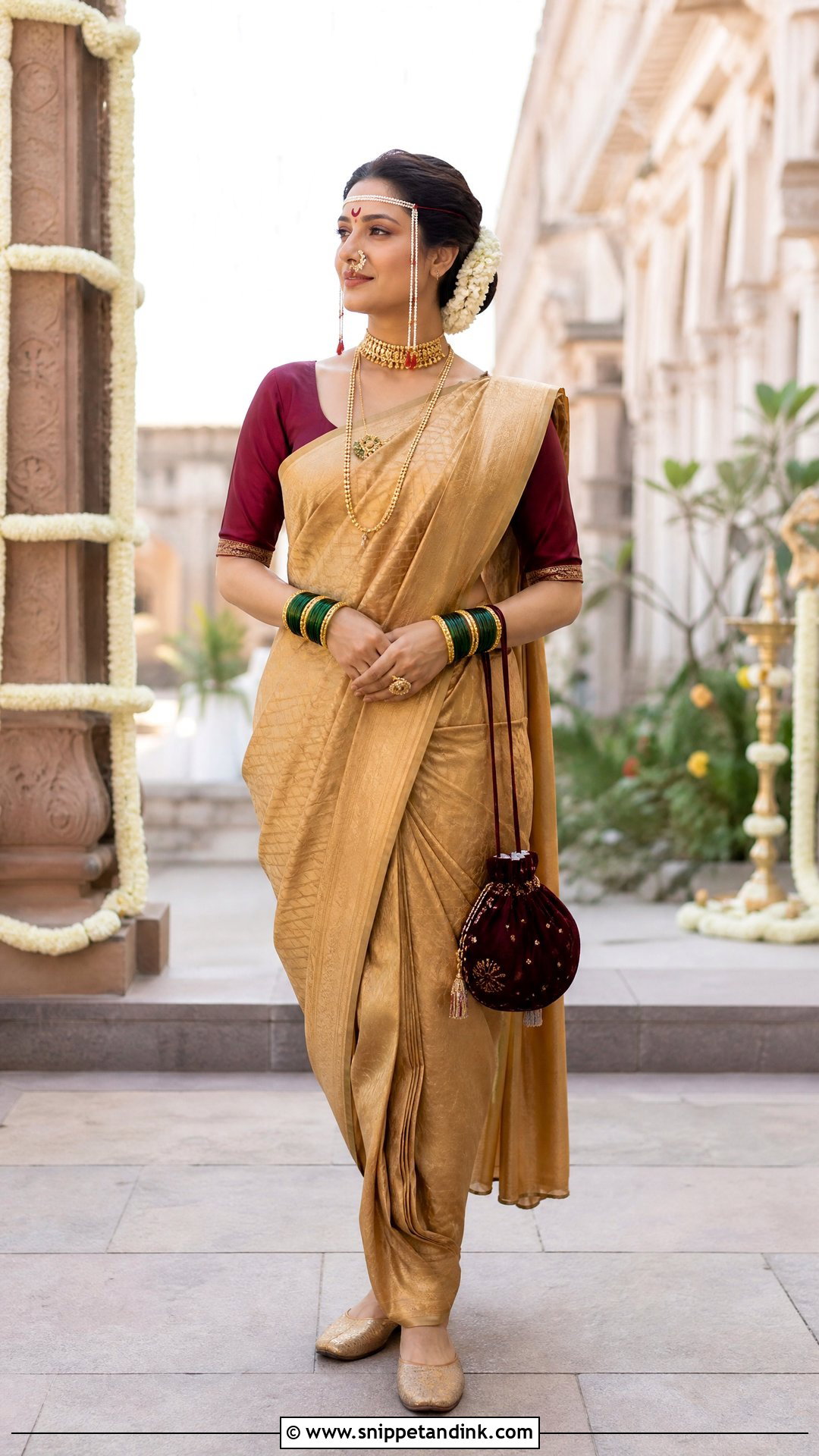 Simple Gold Nauvari Marathi Bride Look - Snippet and Ink - 20 Simple Marathi Bride Look Ideas