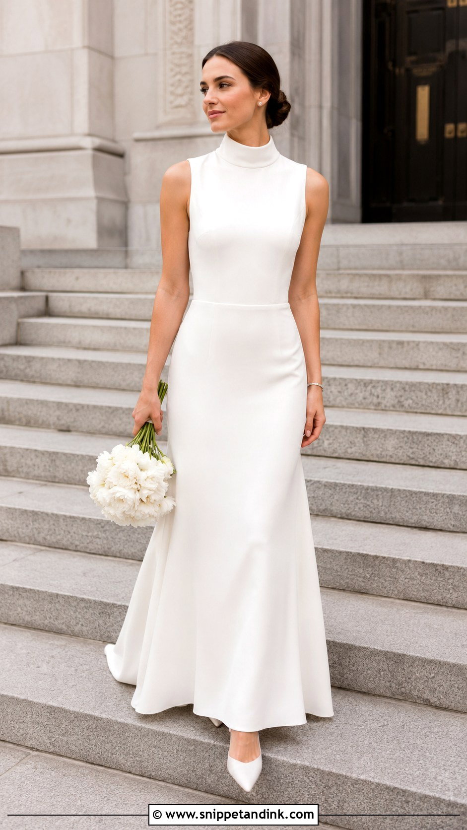 Simple High Neck Bridal Dress With Minimal Jewelry - Snippet and Ink - 25 Simple Bridal Dress Ideas