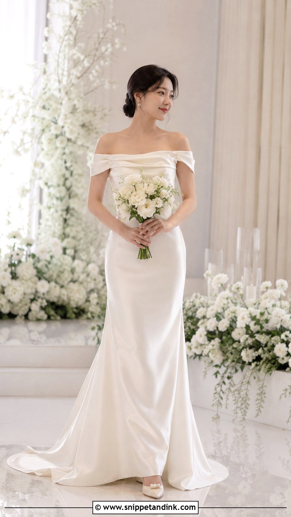 Simple Korean Wedding Dress With Off Shoulder Satin Gown - Snippet and Ink - 25 Simple Korean Wedding Dress Ideas