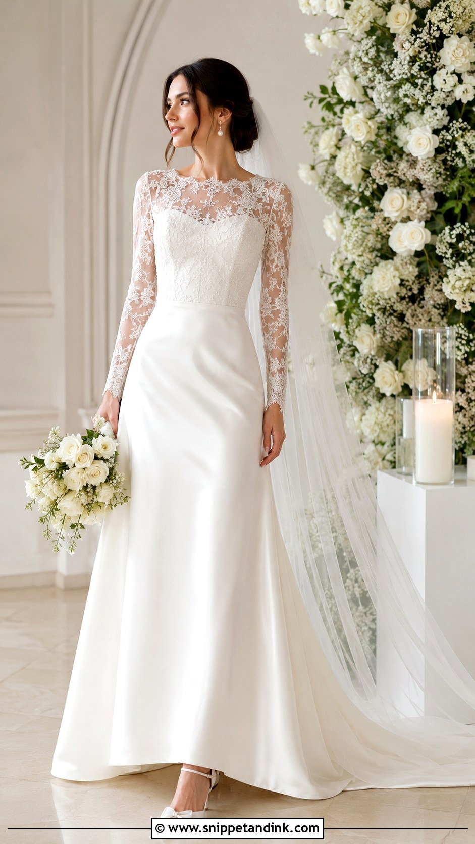 Simple Lace Sleeve Bridal Dress With Satin Skirt - Snippet and Ink - 25 Simple Bridal Dress Ideas