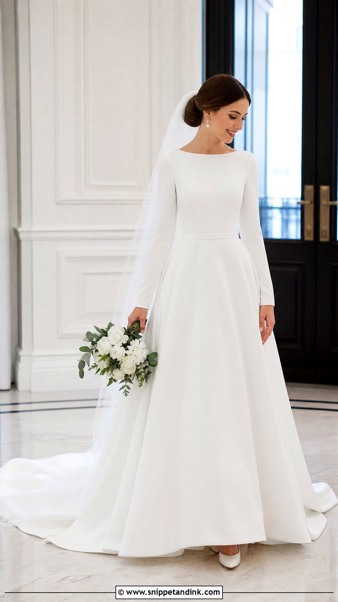 Simple Long Sleeve A Line Wedding Dress With Pearl Earrings - Snippet and Ink - 25 Simple a Line Wedding Dress Ideas